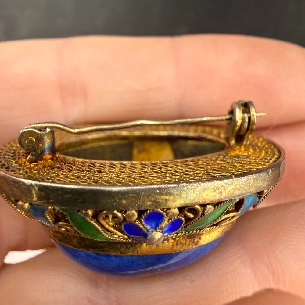 Vintage Chinese Export Enamel Filigree Brooch Blue Sterling Silver 925